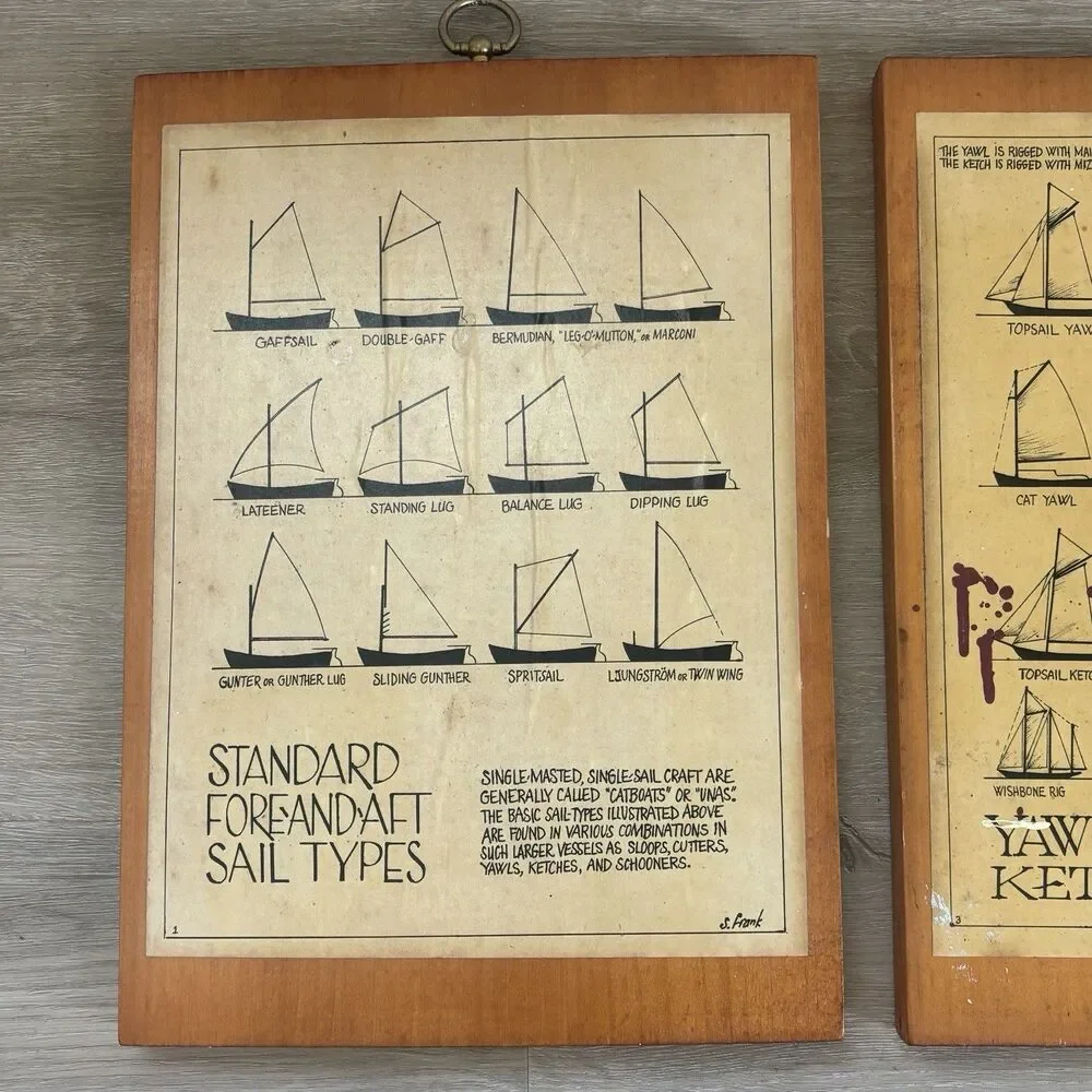 S. Frank Vintage Nautical Sailboat Wood Plaque Art Set Yawls Ketches Sail Types